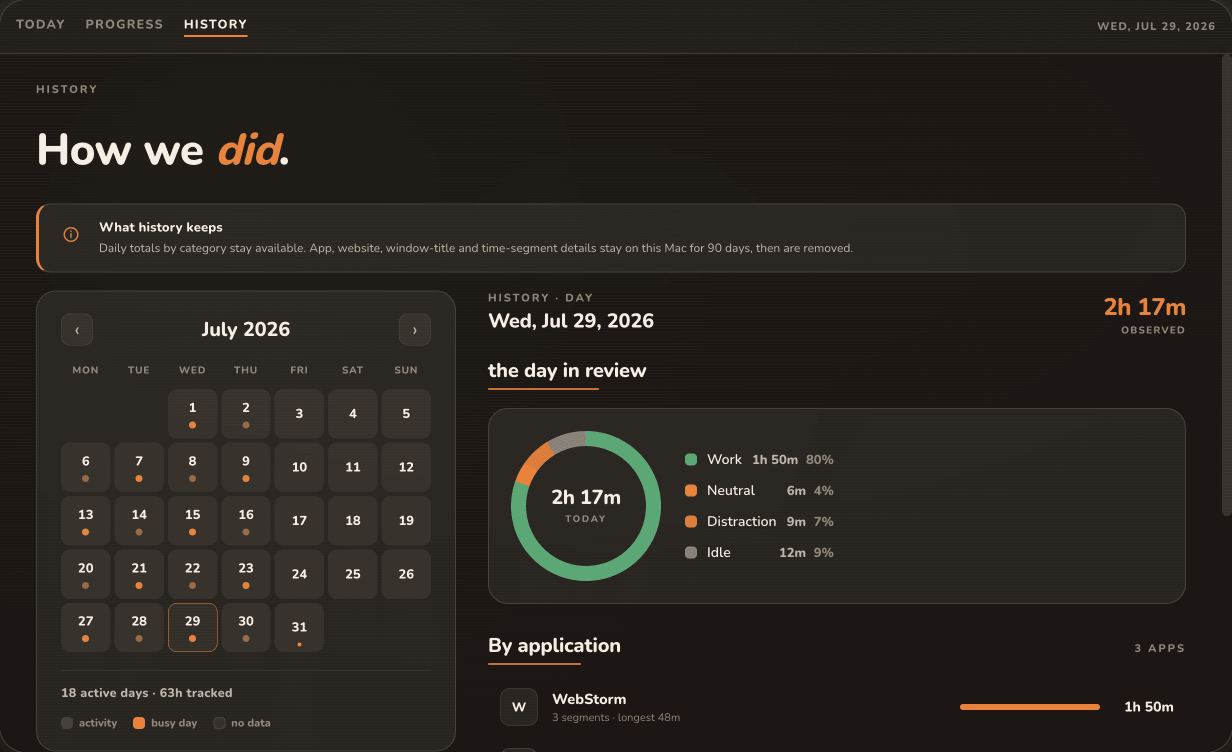 Trixxie History calendar and daily focus review with sample local data